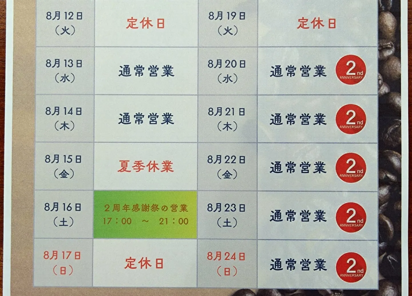 開業2周年 御来店の方に粗品進呈