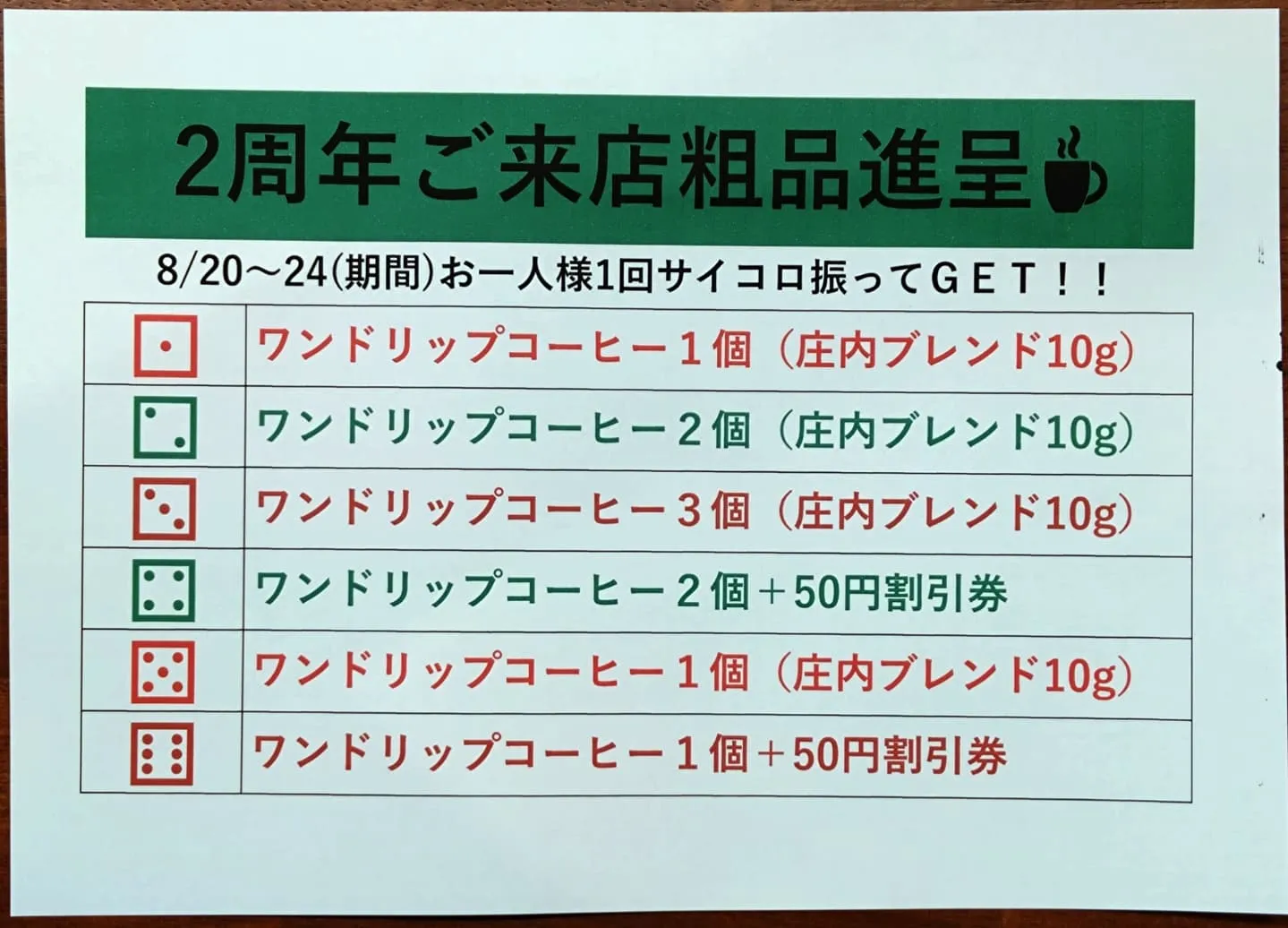 開業2周年 御来店の方に粗品進呈
